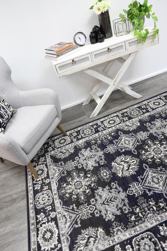 Arya Traditional Navy Grey Rug