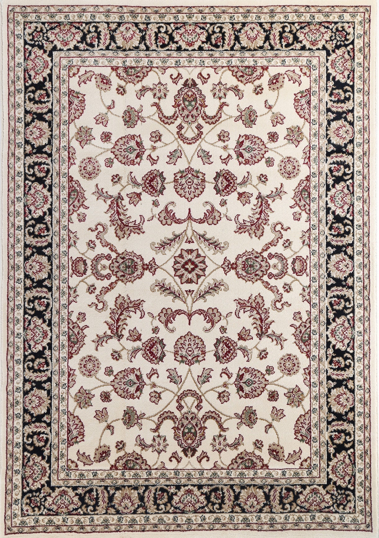 Ornate Cream and Black Traditional Bordered Ikat Rug