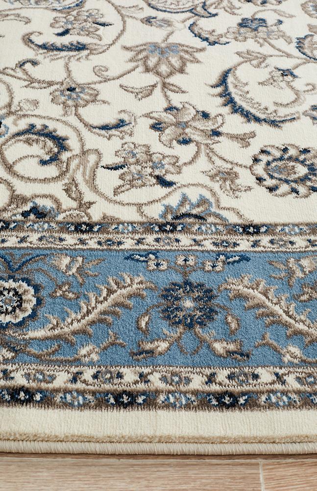 Sydney Collection Medallion Rug White With Blue Border