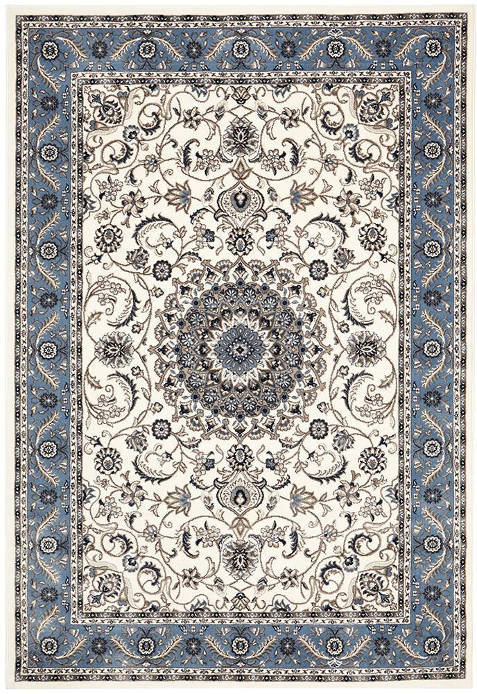 Sydney Collection Medallion Rug White With Blue Border